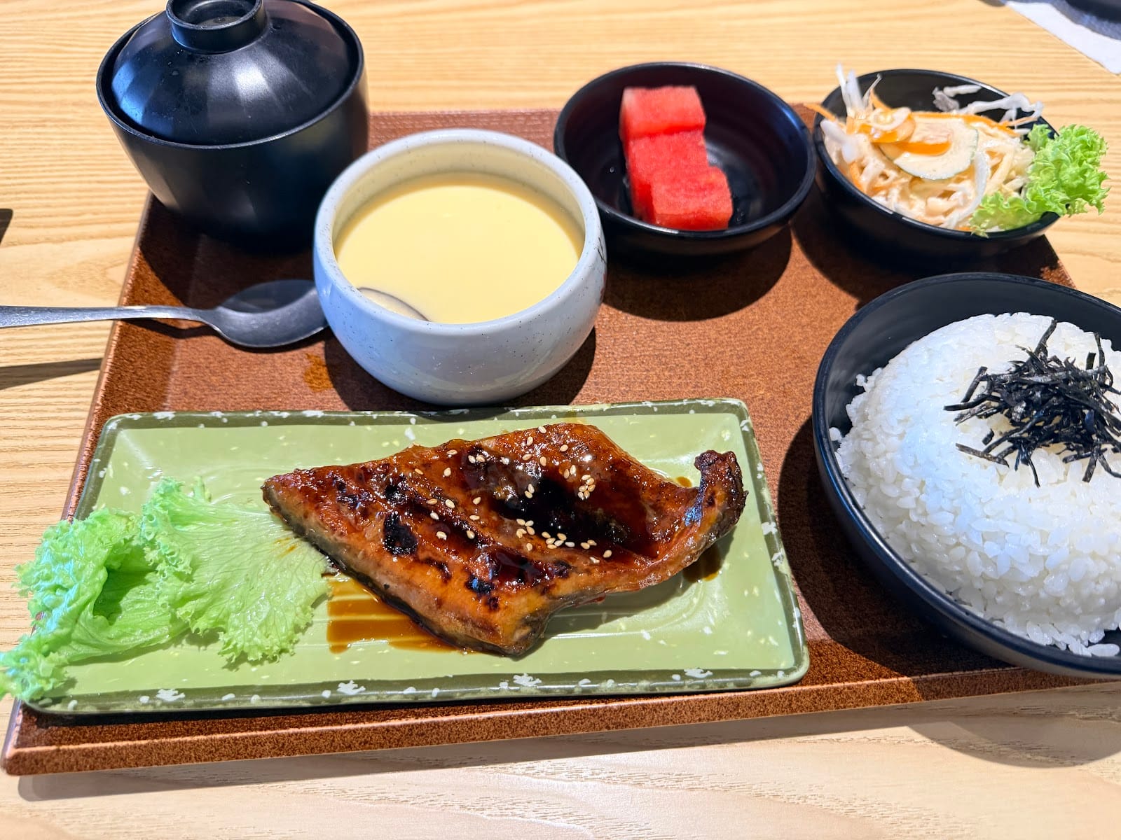Teriyaki unagi set with rice, chawanmushi, salad, watermelon and miso soup